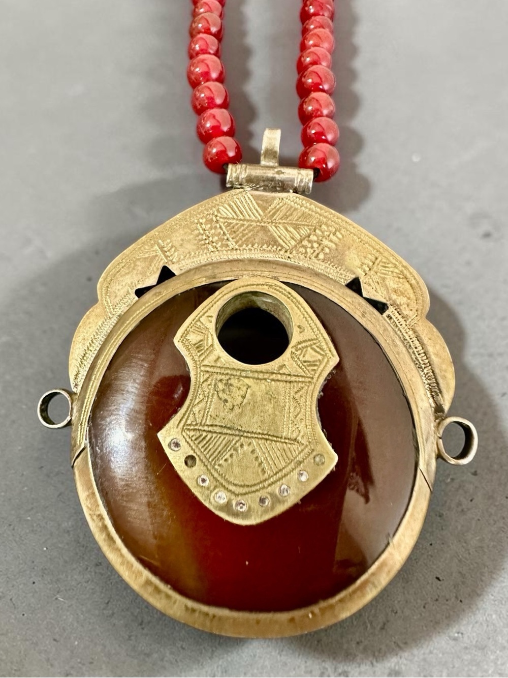 Vintage Rare Handcrafted Tuareg Carnelian Pendant Necklace Ethnic Silver Brass R